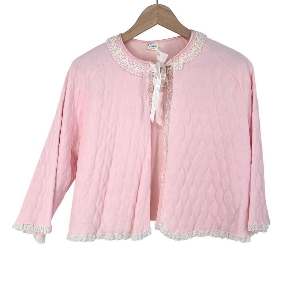 Vintage 1960s Pink Quilted Bed Jacket Lace Trim Lingerie by Chase Large